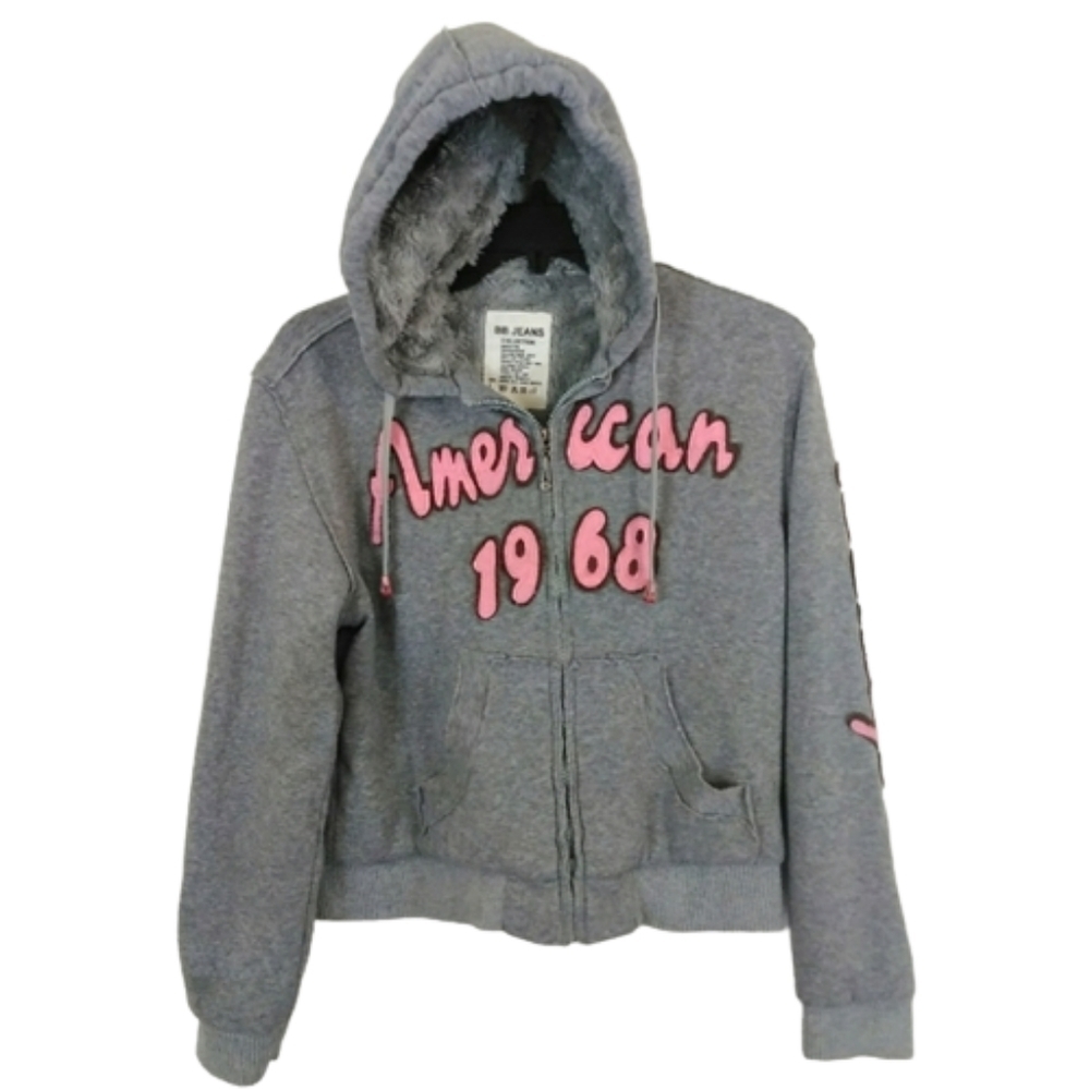 BB Jeans Cotton Collection Gray Fuzzy Soft American 68 Zipper Sweater Hoodie Top